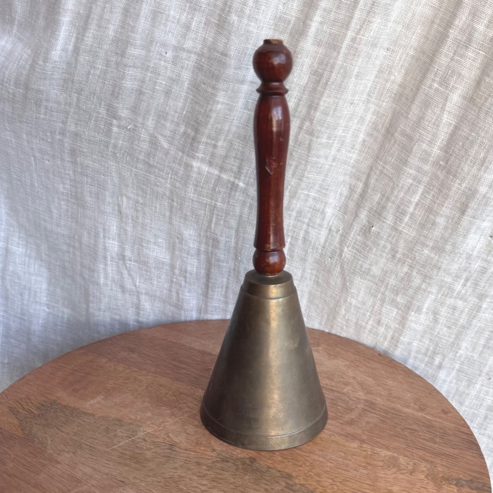 Vintage Brass Hand Bell 9" Wood Handle Old School Beautiful Sound! Made in India